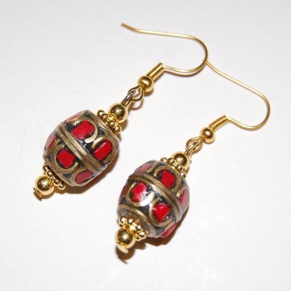 Tibetan Earrings,Ethnic Earrings,Bronze Inlaid Bead Earrings,Red Coral,Turquoise - Picture 1 of 2